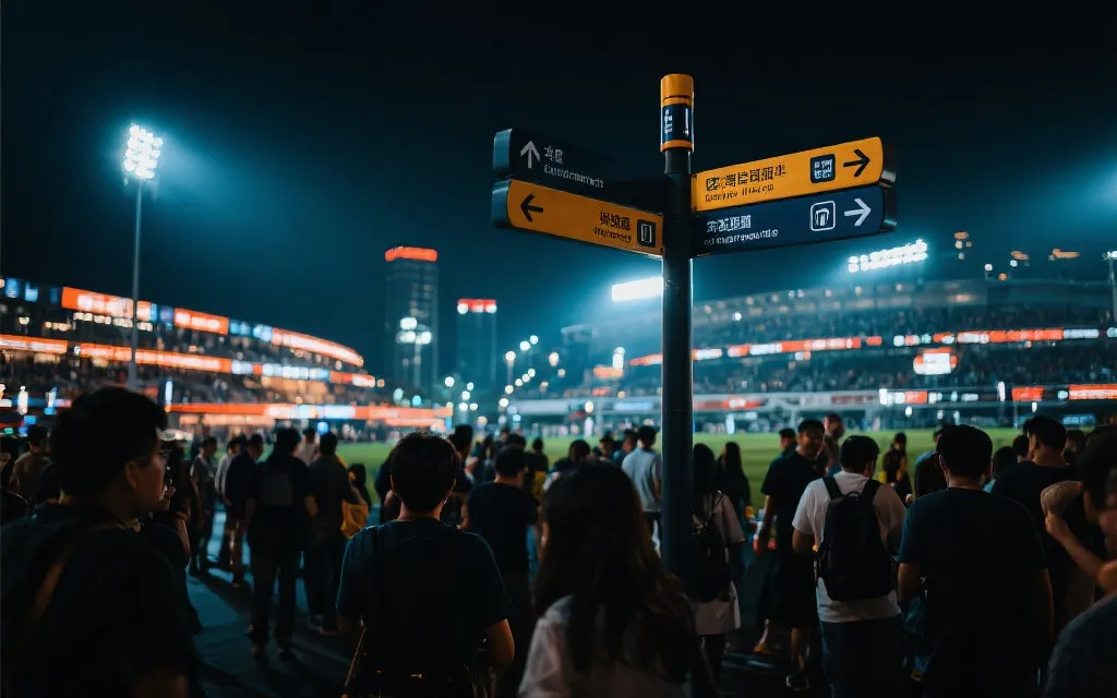 夜晚散场人流与城市公共交通指示牌的氛围感画面