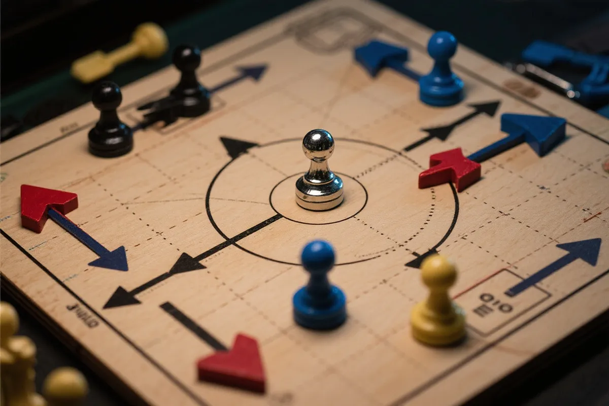 战术板上复杂的箭头和棋子，象征教练之间的深度战术博弈