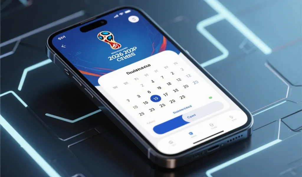 一部智能手机上显示着精心设计的2026世界杯赛程日历和个性化提醒界面,背景是现代科技感